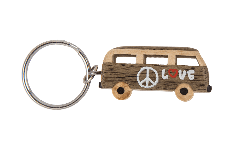 Metal keychain, Natural wood Hippie Van,