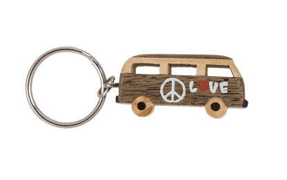 Metal keychain, Natural wood Hippie Van,