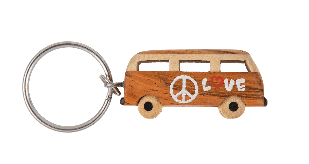 Metal keychain, Natural wood Hippie Van,