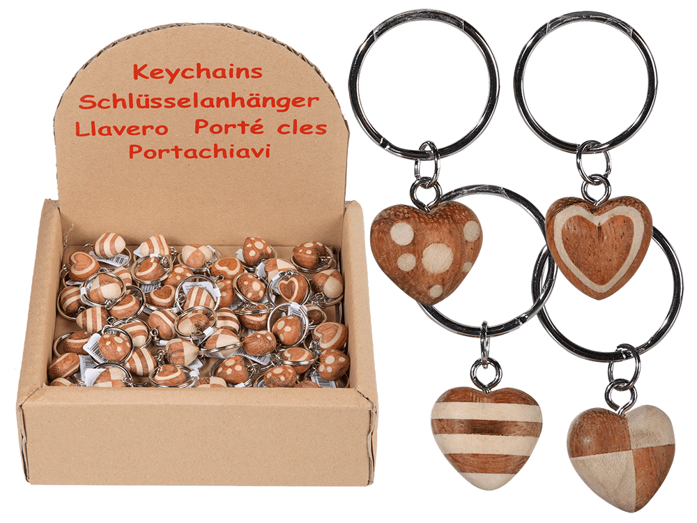 Metal keychain, Natural wood Mini Hearts,