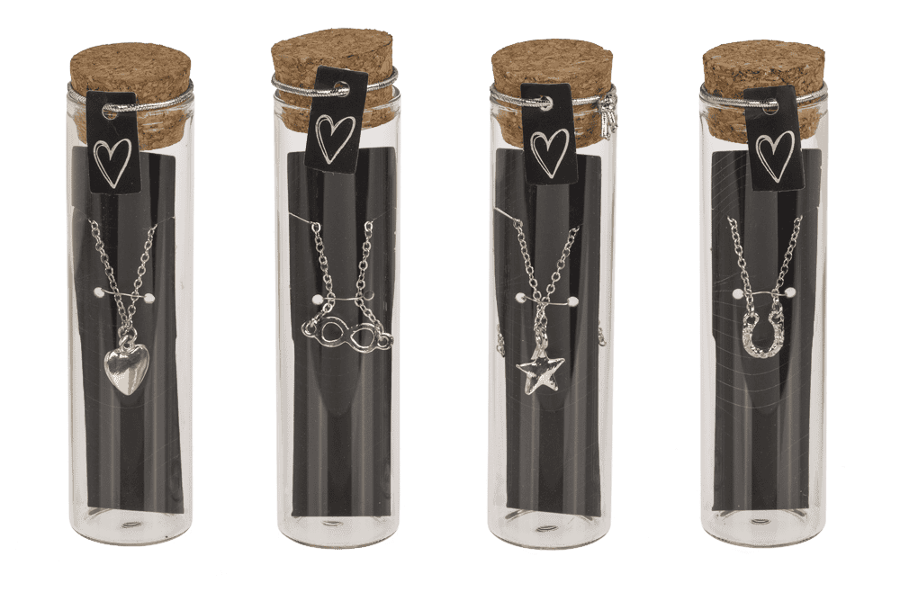 Necklace in glass bottle with corc lid,