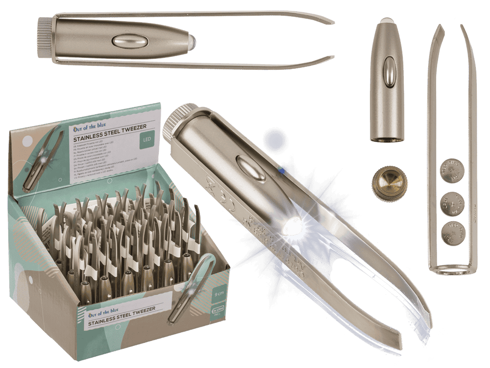 Stainless steel tweezer with LED (incl. batteries)