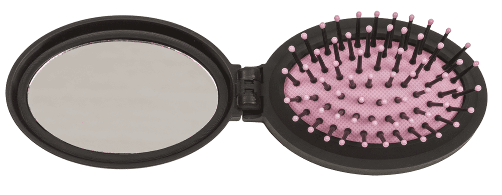Folding pocket mirror with hair brush,