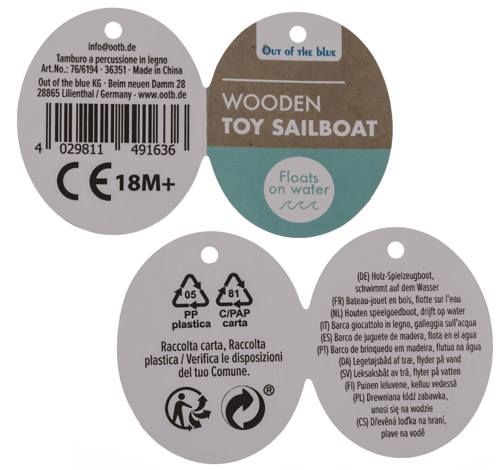 Wooden Toy Sailboat, 11,5 x 5,5 cm