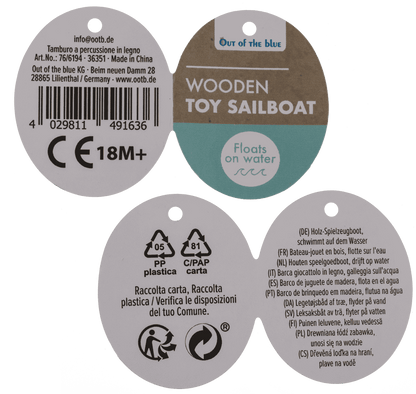 Wooden Toy Sailboat, 11,5 x 5,5 cm