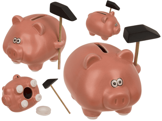 Money box, comic pig with hammer, 11 x 9 cm,
