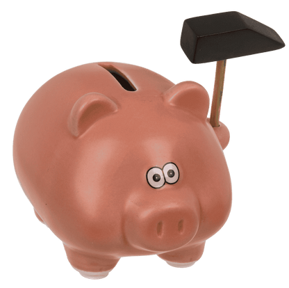 Money box, comic pig with hammer, 11 x 9 cm,