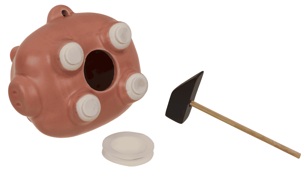 Money box, comic pig with hammer, 11 x 9 cm,