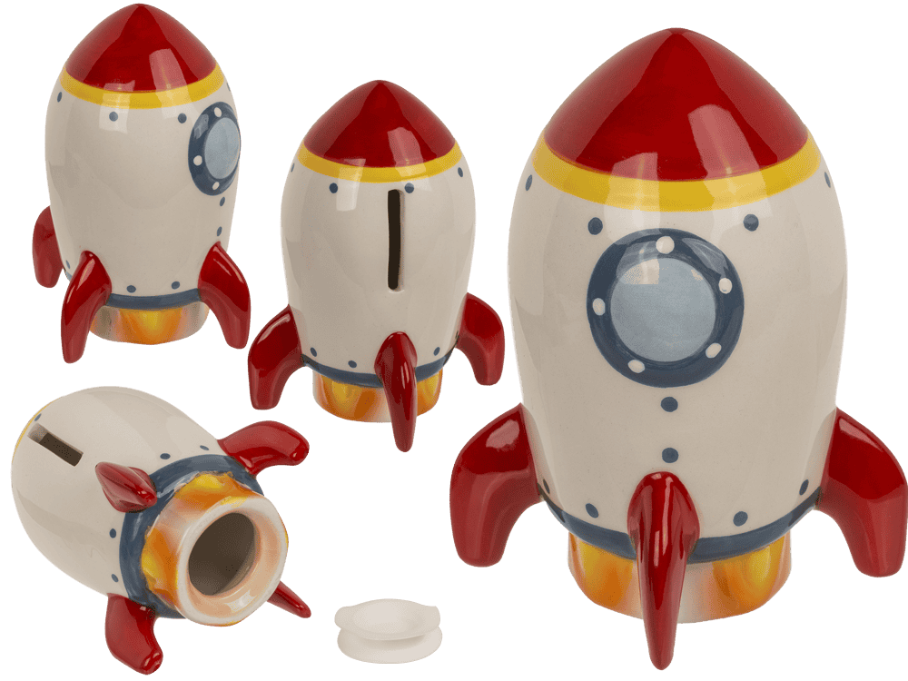 Money box, Rocket, 12.5 x 7 cm, stoneware,