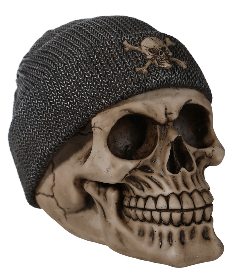 Polyresin savings bank, Skull with fishers hat,