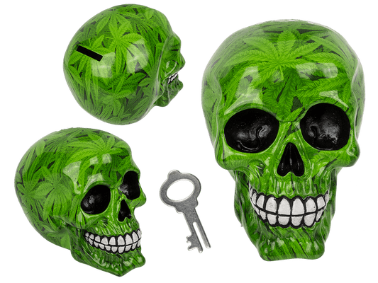 Savings bank with lock, Skull with leaves,