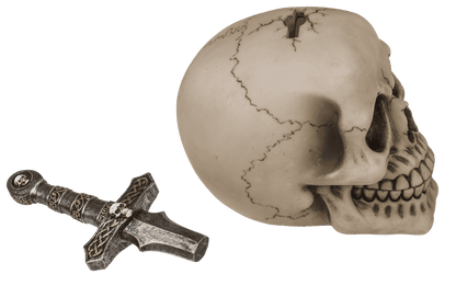 Saving bank with lock, Skull with blade,