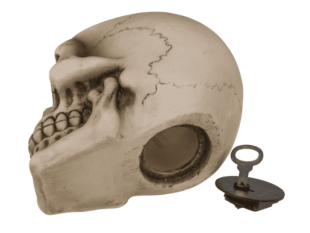 Saving bank with lock, Skull with blade,