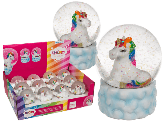 Polyresin glitter globe, Lying unicorn on cloud,