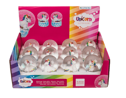 Polyresin glitter globe, Lying unicorn on cloud,