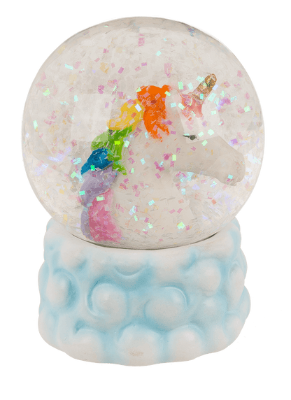 Polyresin glitter globe, unicorn on cloud,