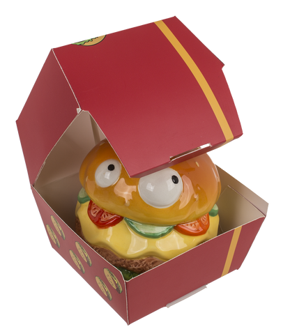 Savings bank with lock, Burger with eyes in box,