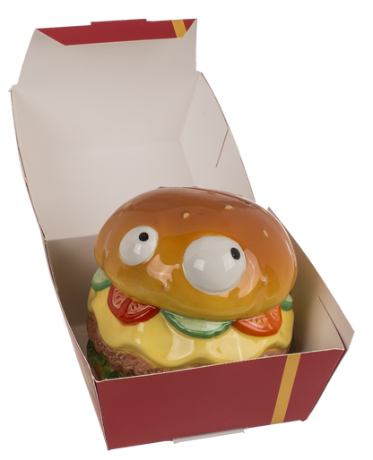 Savings bank with lock, Burger with eyes in box,