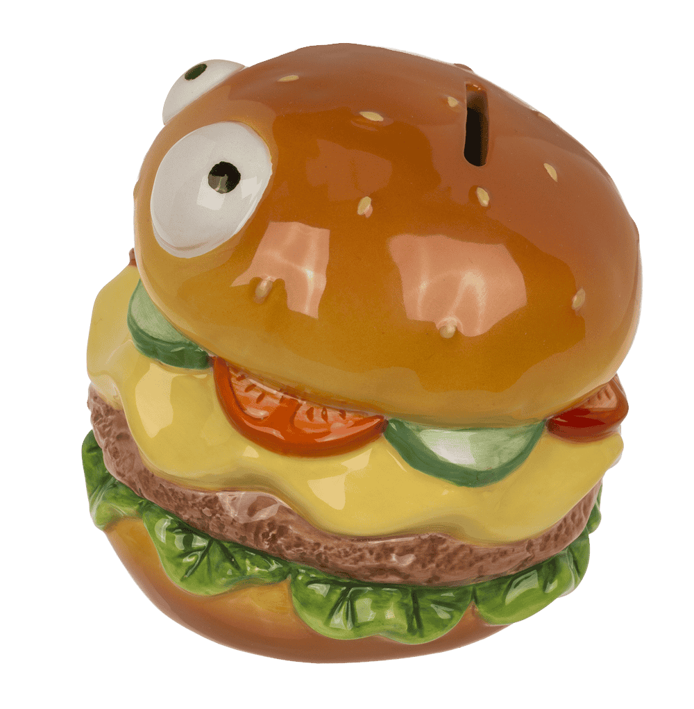 Savings bank with lock, Burger with eyes in box,