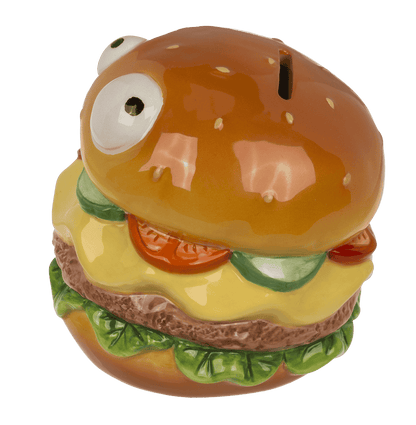 Savings bank with lock, Burger with eyes in box,