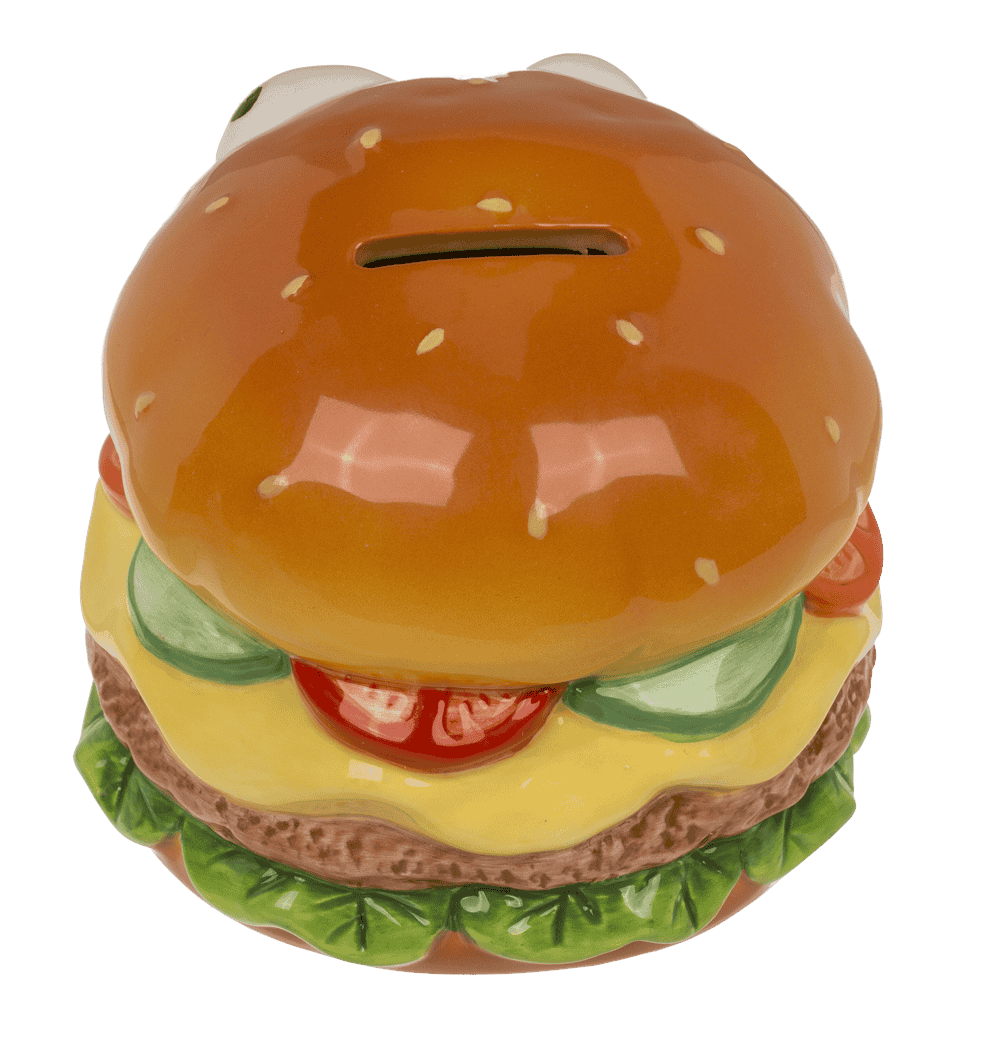 Savings bank with lock, Burger with eyes in box,