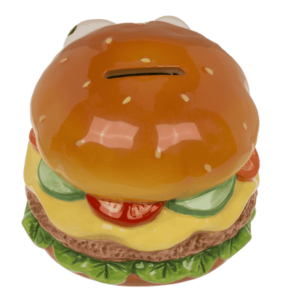 Savings bank with lock, Burger with eyes in box,