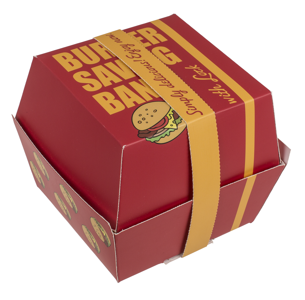 Savings bank with lock, Burger with eyes in box,