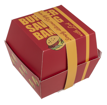 Savings bank with lock, Burger with eyes in box,