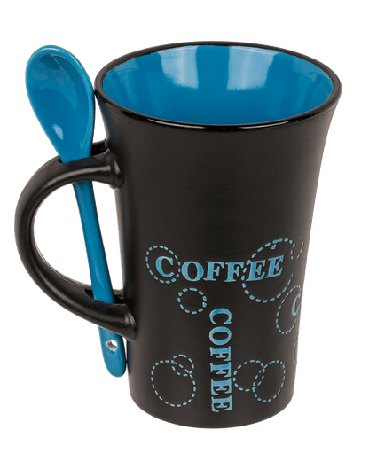 Black Ceramic Mug with spoon, Coffee,