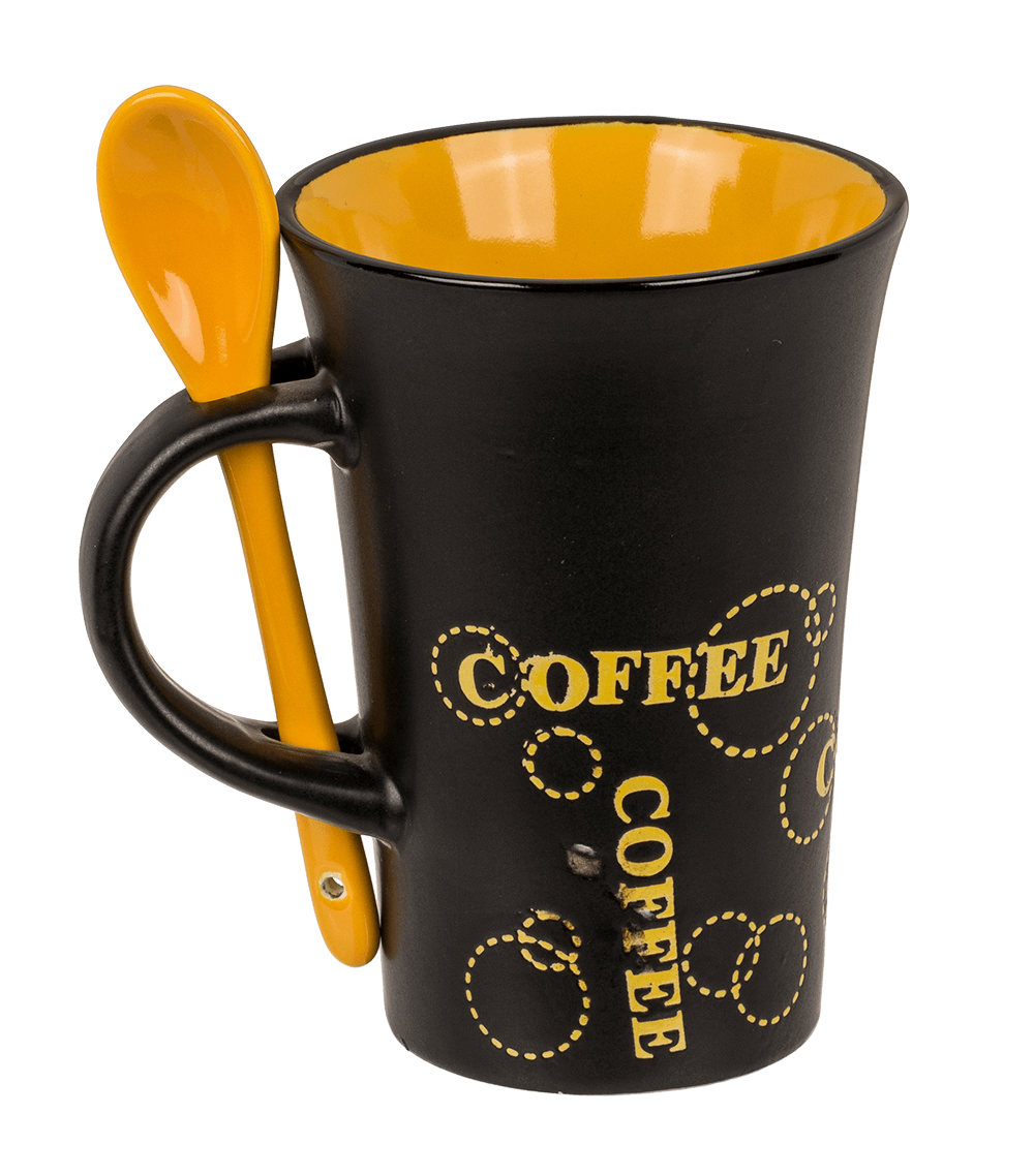 Black Ceramic Mug with spoon, Coffee,