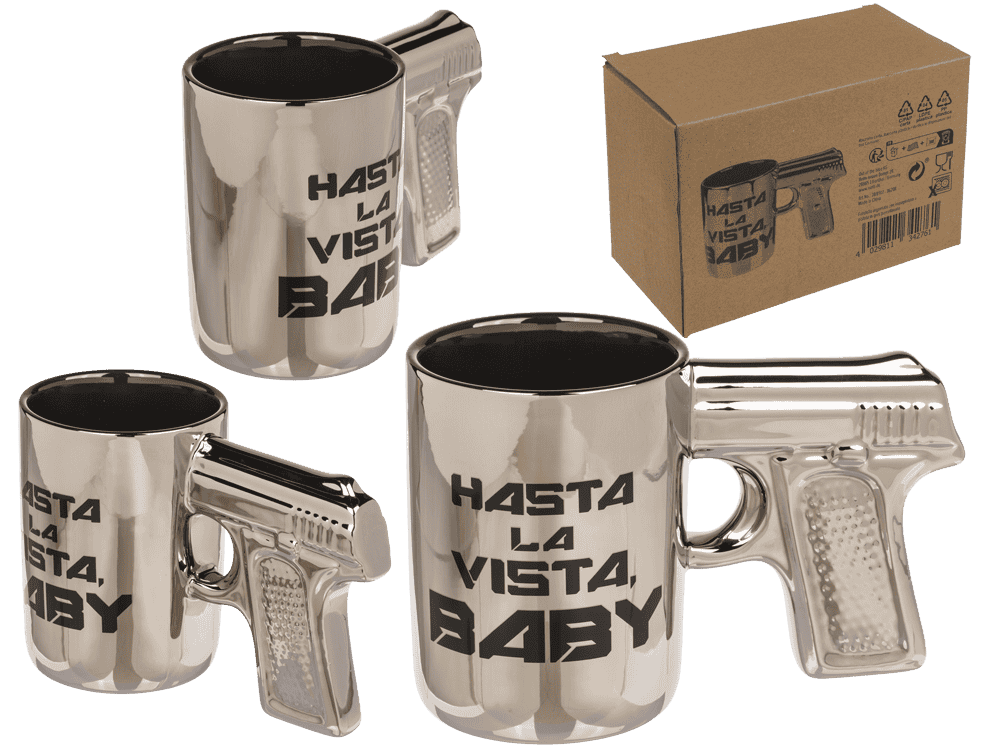 Silver mug with pistol grip, Hasta la vista baby,