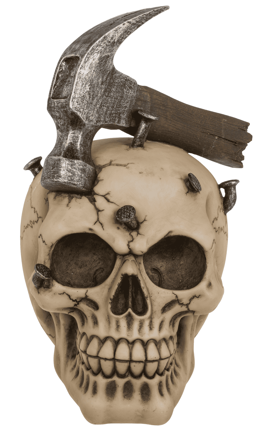 Savings bank with lock, Skull with hammer & nails,