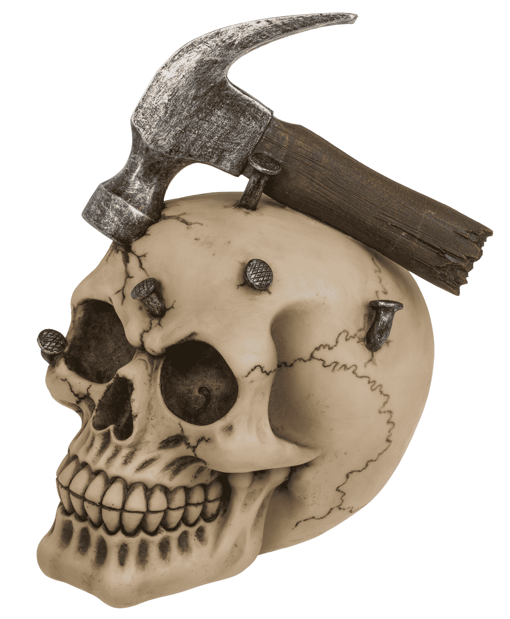 Savings bank with lock, Skull with hammer & nails,