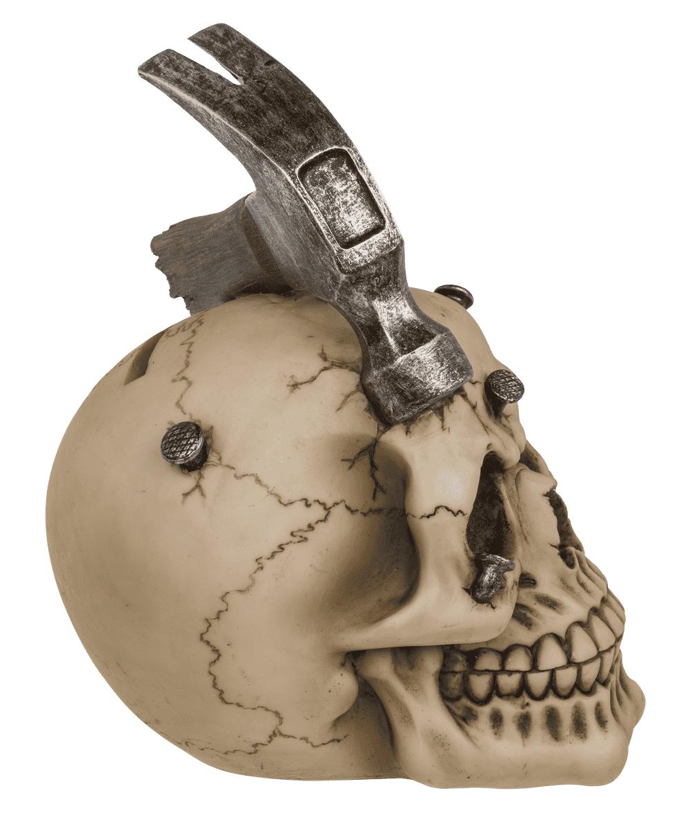 Savings bank with lock, Skull with hammer & nails,
