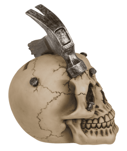Savings bank with lock, Skull with hammer & nails,