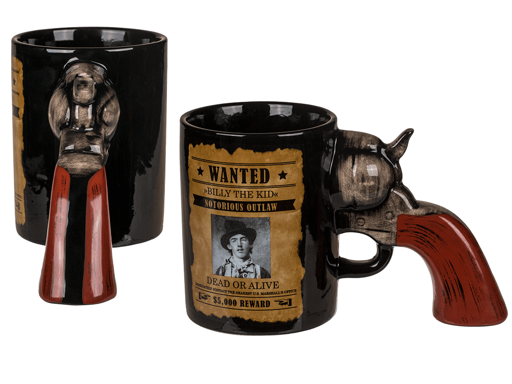 Ceramic mug, Wanted Poster with revolver handle,