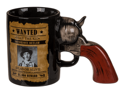 Ceramic mug, Wanted Poster with revolver handle,
