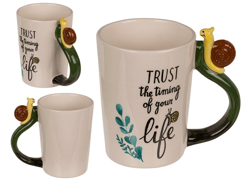 Stoneware mug, Snail Trust the timing of your life
