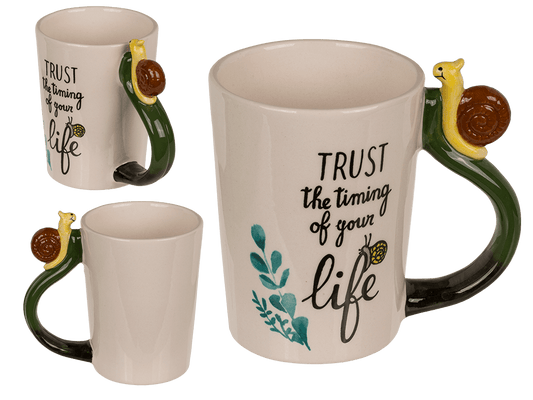 Stoneware mug, Snail Trust the timing of your life