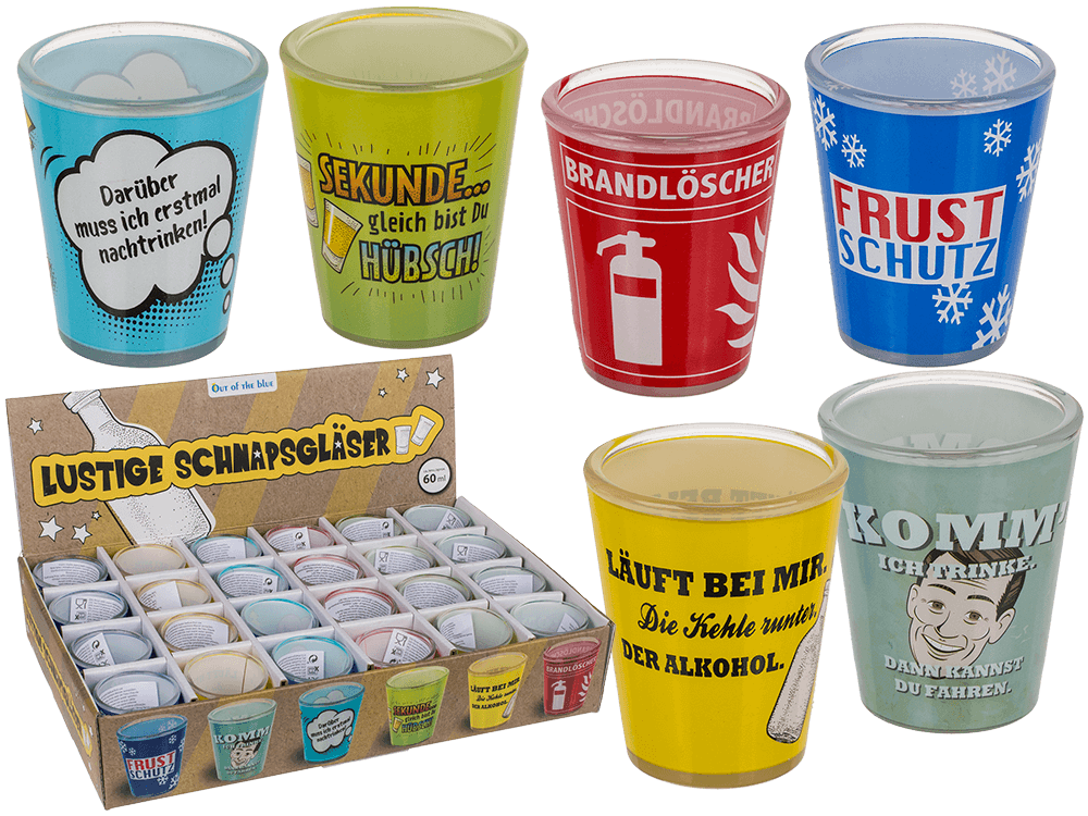 Shooter glasses, slogans,