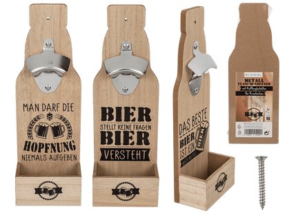 Metal bottle opener on wooden board with