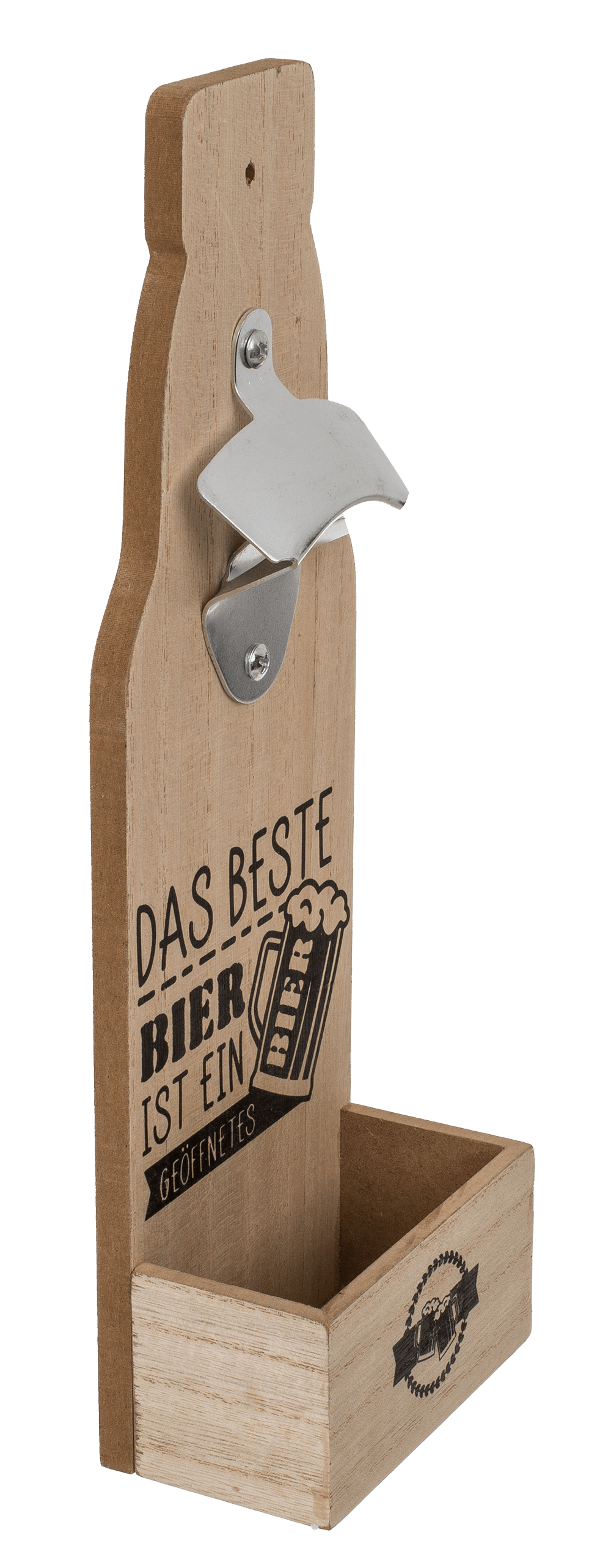 Metal bottle opener on wooden board with