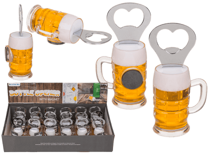 Metal bottle opener, beer glass with magnet,