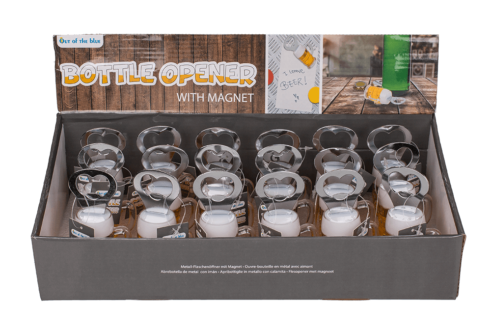 Metal bottle opener, beer glass with magnet,