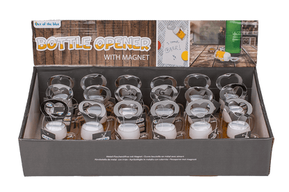 Metal bottle opener, beer glass with magnet,