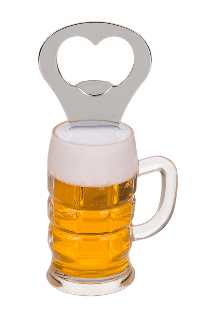 Metal bottle opener, beer glass with magnet,