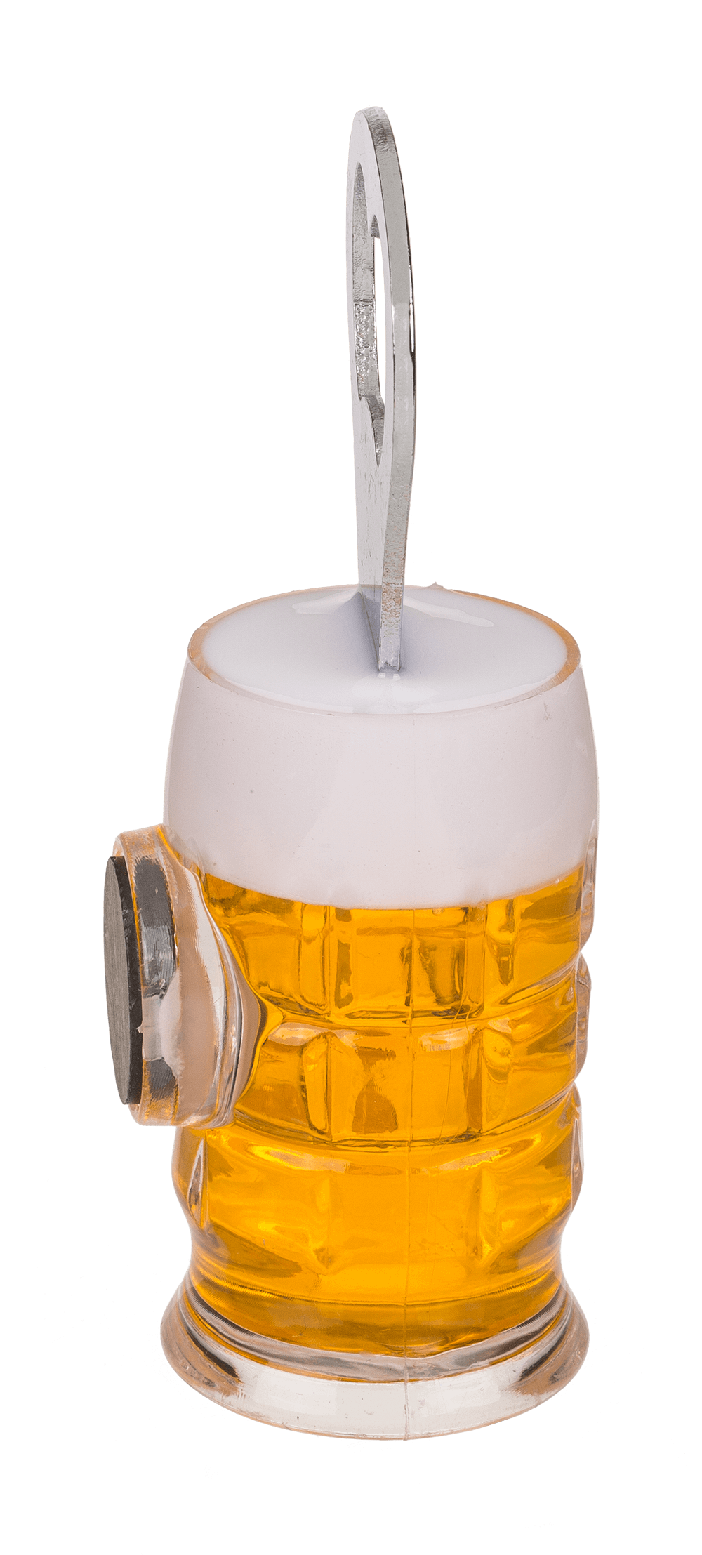 Metal bottle opener, beer glass with magnet,