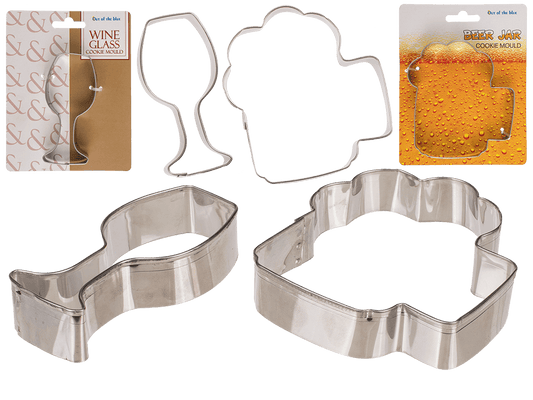 Metal cookie mould, beer jar & wine glass,