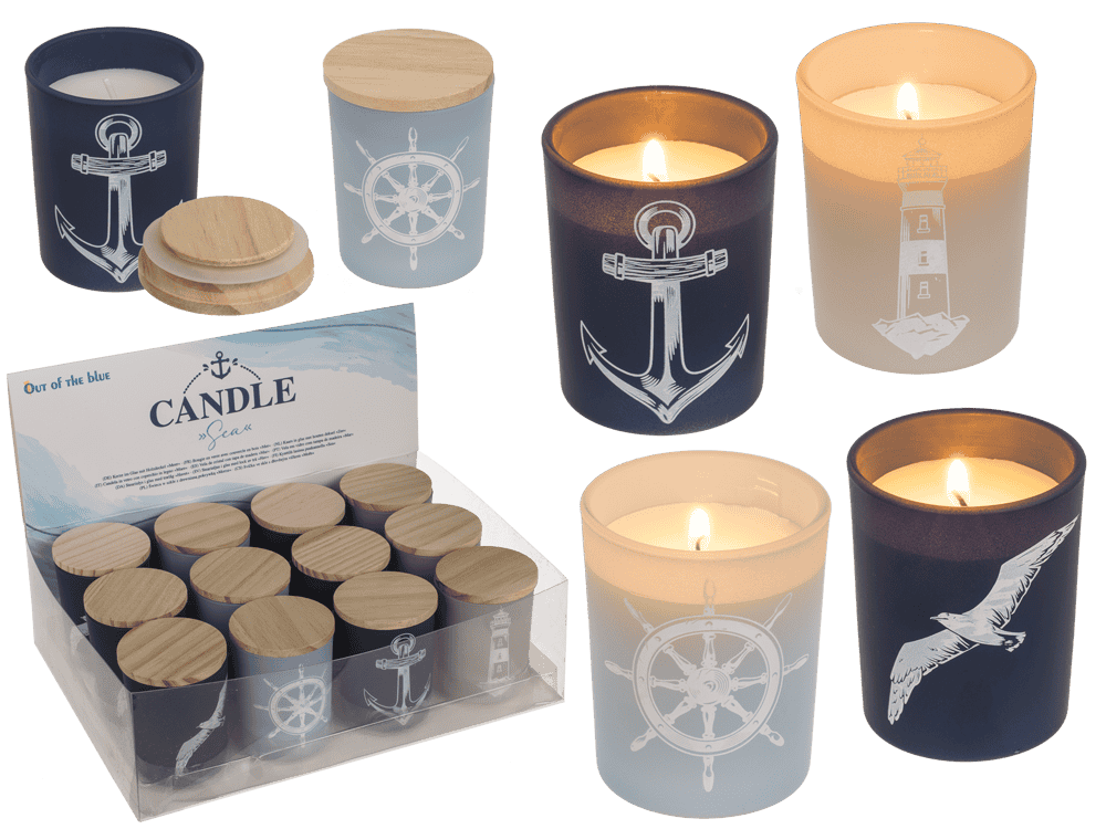 Candle in glass with wooden lid, Sea,