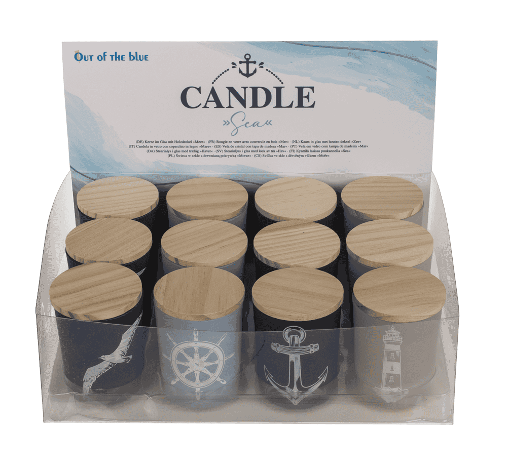 Candle in glass with wooden lid, Sea,